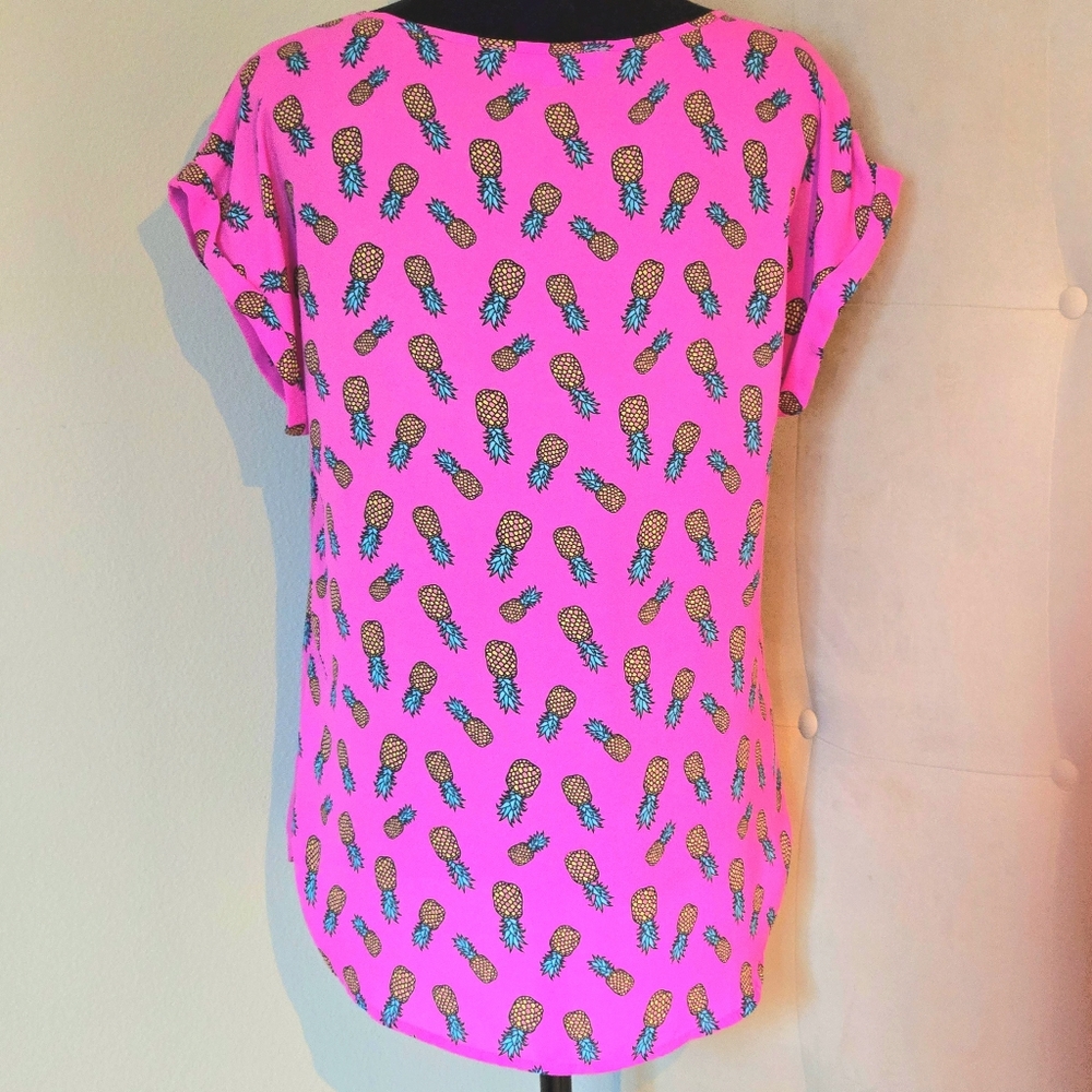 Playful Pineapples Pink Allover Print Top, Hi Low Hem, Cuff Sleeves by Pink Rose - Picture 2 of 6